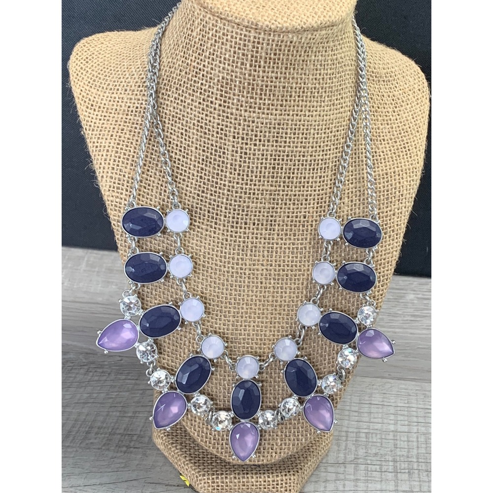 Lia Sophia Silver Tone Purple Navy Blue White Resin Stone Crystal Bib Necklace